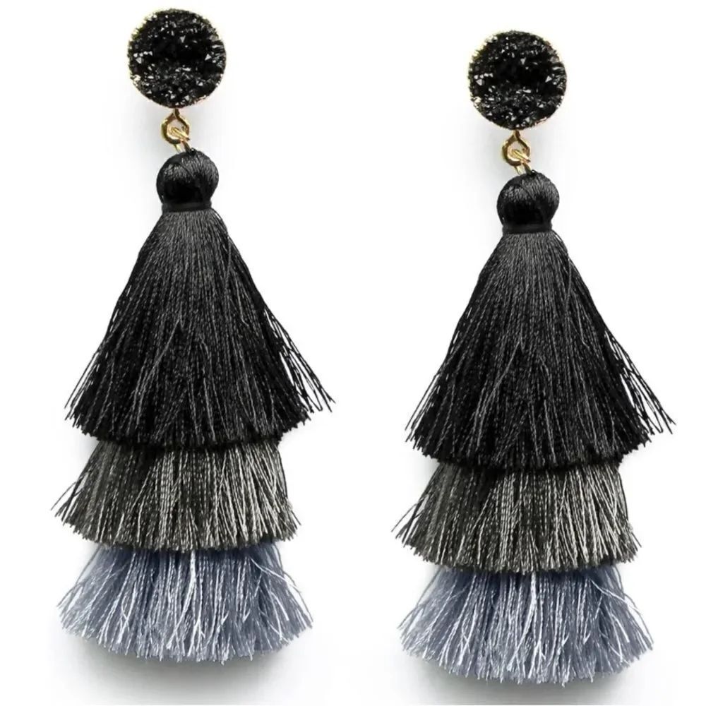 14K Yellow Gold with Black Gray Ombre Silk Thread Tassel Quartz Druzy Earrings